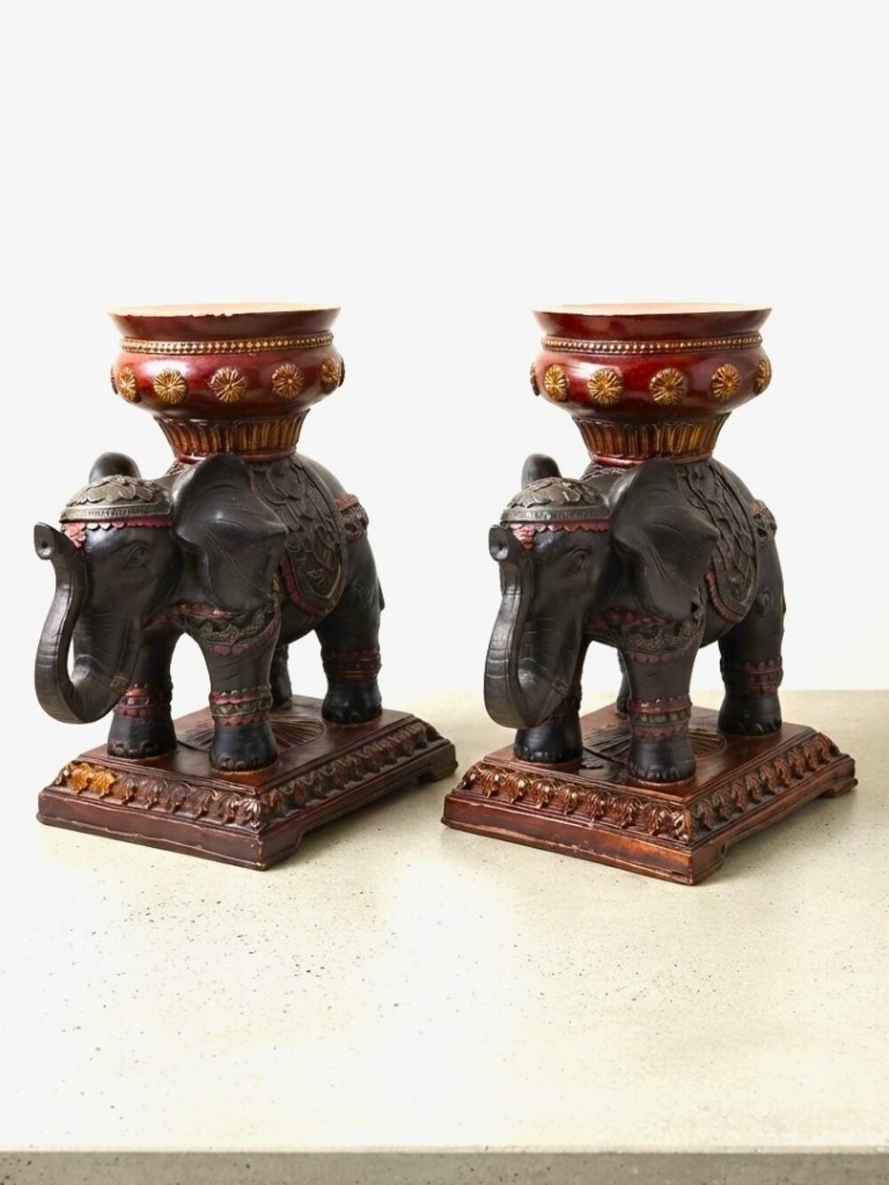 Vintage Pair Ornate Elephant Pillar Candle Holders Heavy Resin Indian Decor 10"